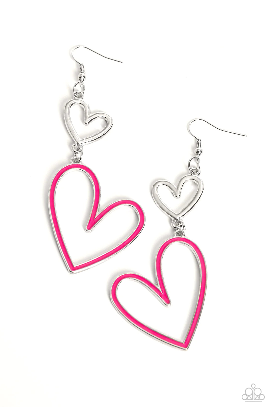 Paparazzi Accessories Pristine Pizzazz - Pink Dangling from an abstract silver heart frame, another heart frame, this time an oversized one, features a border of Pink Peacock paint, creating an attention-grabbing romantic statement below the ear. Earring