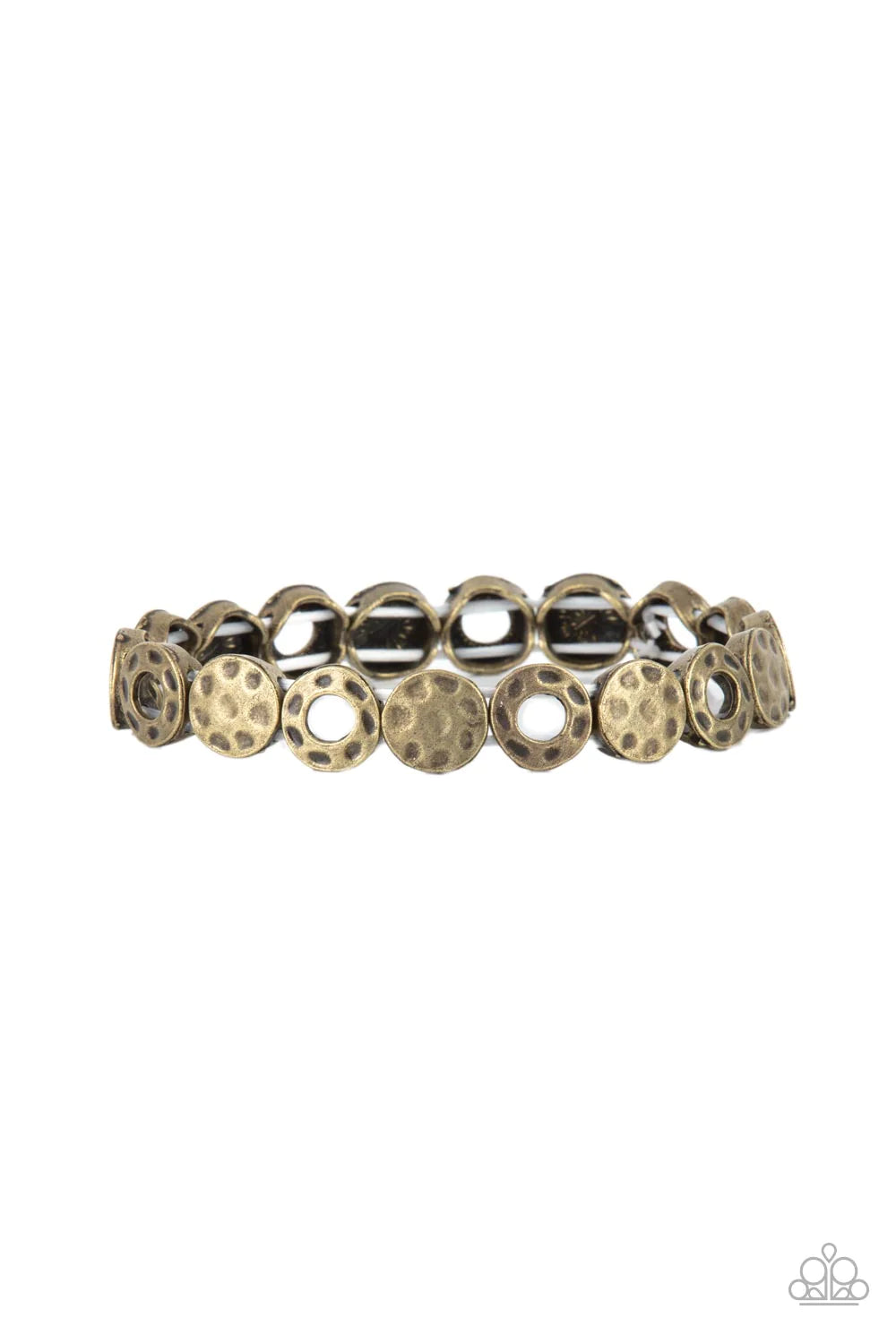 Paparazzi Accessories Metro Metalsmith - Brass A rustically hammered collection of brass rings and discs are threaded along stretchy bands around the wrist, creating a dainty metallic centerpiece. Sold as one individual bracelet. Jewelry