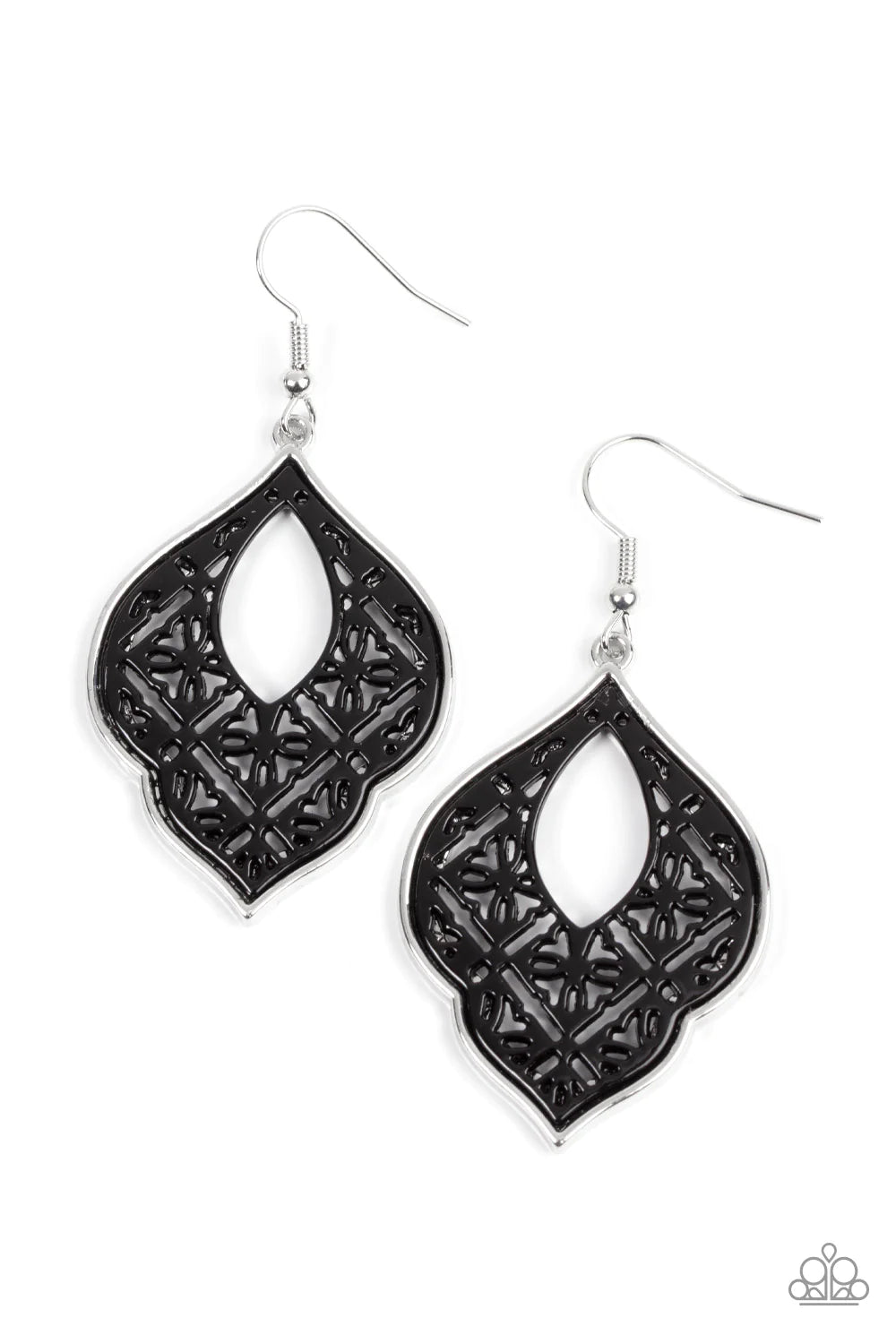 Paparazzi Accessories Thessaly Terrace - Black Painted in a shiny black finish, a floral tile-like pattern blooms inside a scalloped silver frame for a whimsical floral look. Earring attaches to a standard fishhook fitting. Sold as one pair of earrings. J