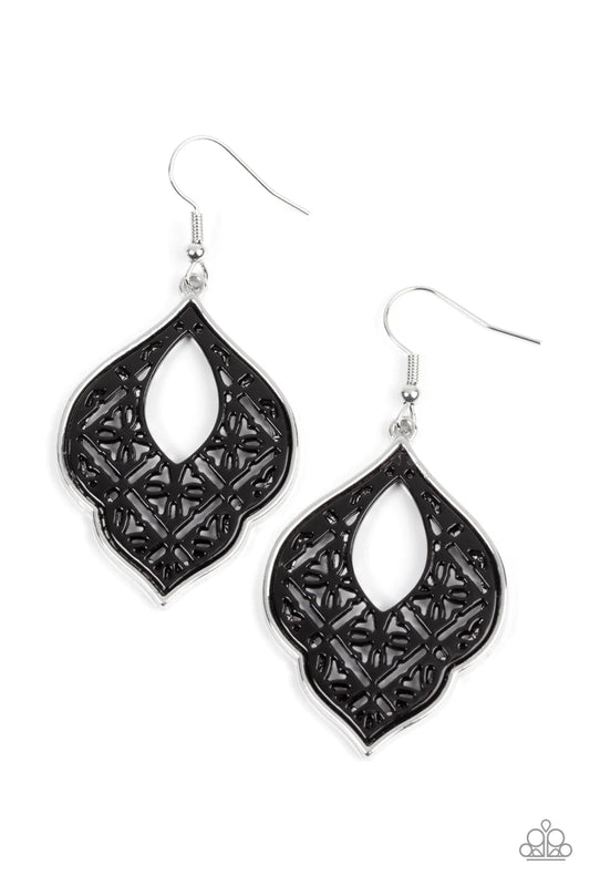 Paparazzi Accessories Thessaly Terrace - Black Painted in a shiny black finish, a floral tile-like pattern blooms inside a scalloped silver frame for a whimsical floral look. Earring attaches to a standard fishhook fitting. Sold as one pair of earrings. J