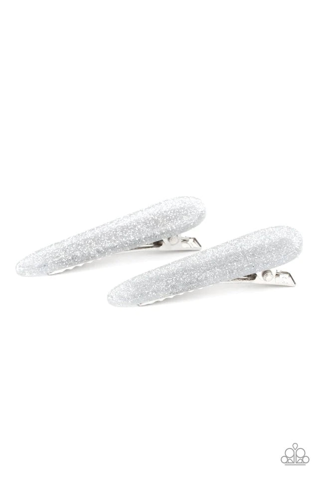 Paparazzi Accessories Pretty in Patriot - Silver Dusted in silver glitter, a dainty pair of sparkly acrylic frames pull back the hair for a patriotic pop of color. Features standard hair clips on the back. Hair Accessories
