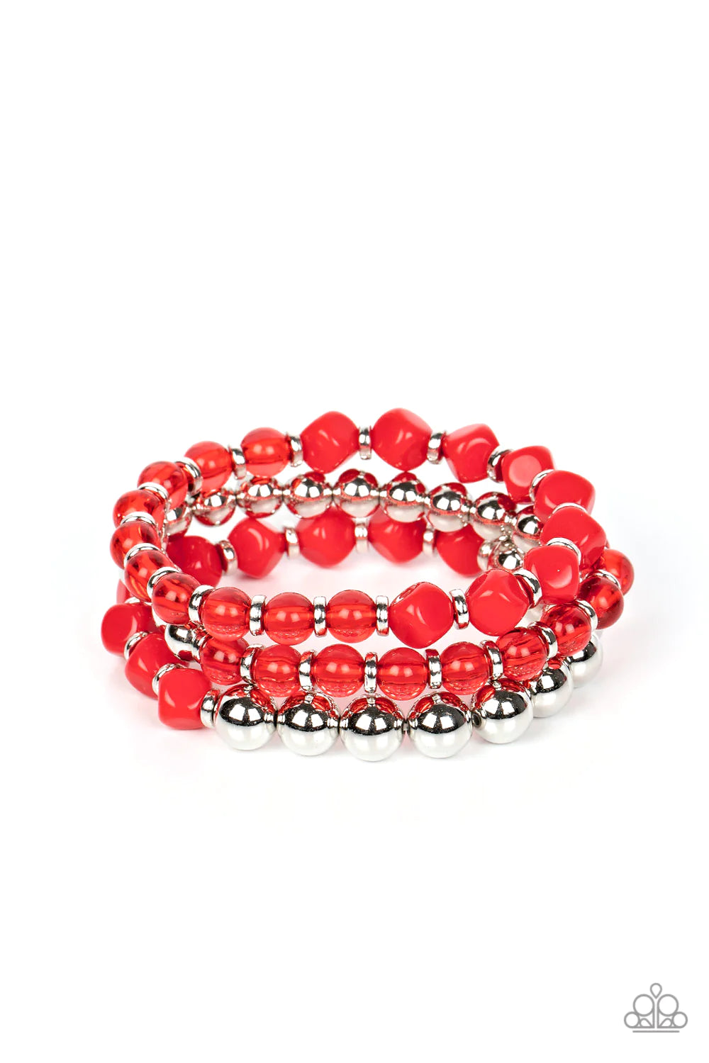 Paparazzi Accessories Summer Sabbatical - Red A mismatched assortment of silver beads, glassy Poinciana beads, dainty silver accents, and faceted Poinciana beads are threaded along stretchy bands around the wrist, resulting in vivacious layers. Sold as on