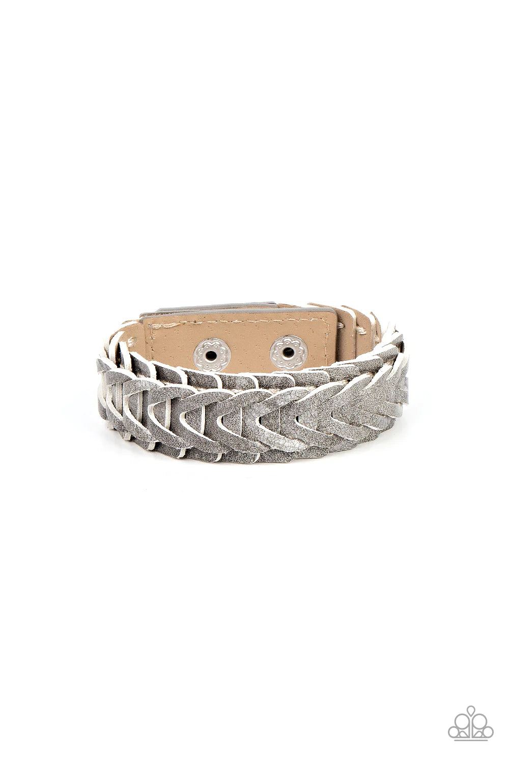 Paparazzi Accessories Western Nomad - Silver Overlapping gray leather frames delicately interlock into a rustic pattern around the wrist for a seasonal fashion. Features an adjustable snap closure. Sold as one individual bracelet. Jewelry