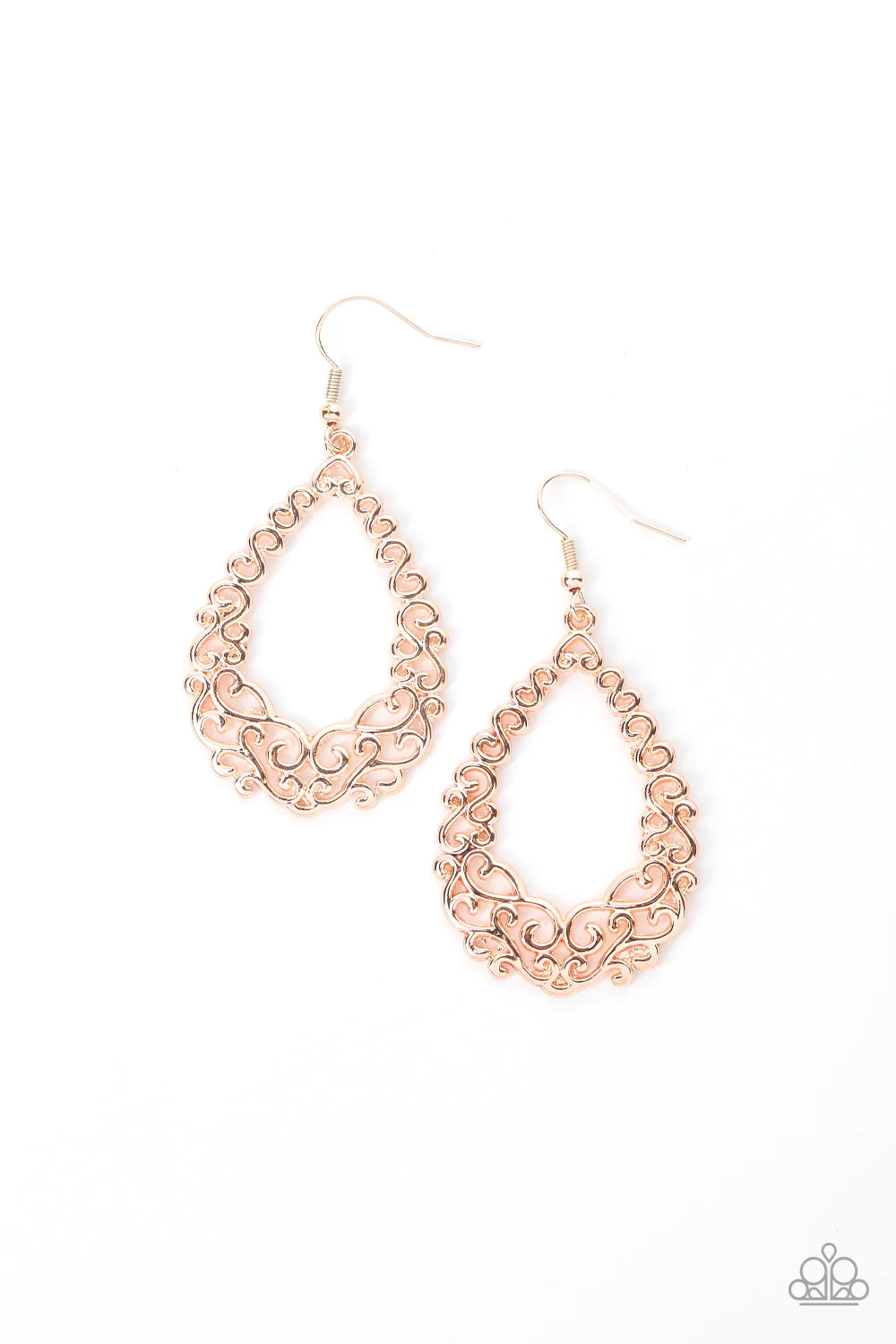 Paparazzi Accessories Granada Garland - Rose Gold Rose gold vine-like filigree interweaves into an airy teardrop, resulting in a seasonal frame. Earring attaches to a standard fishhook fitting. Sold as one pair of earrings. Jewelry