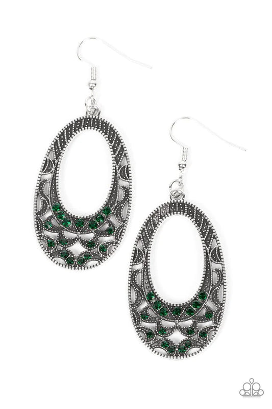 Paparazzi Accessories Colorfully Moon Child - Green Dotted with dainty green rhinestones, a studded oval frame sprinkled in silvery half moon accents for a spellbinding finish. Earring attaches to a standard fishhook fitting. Jewelry