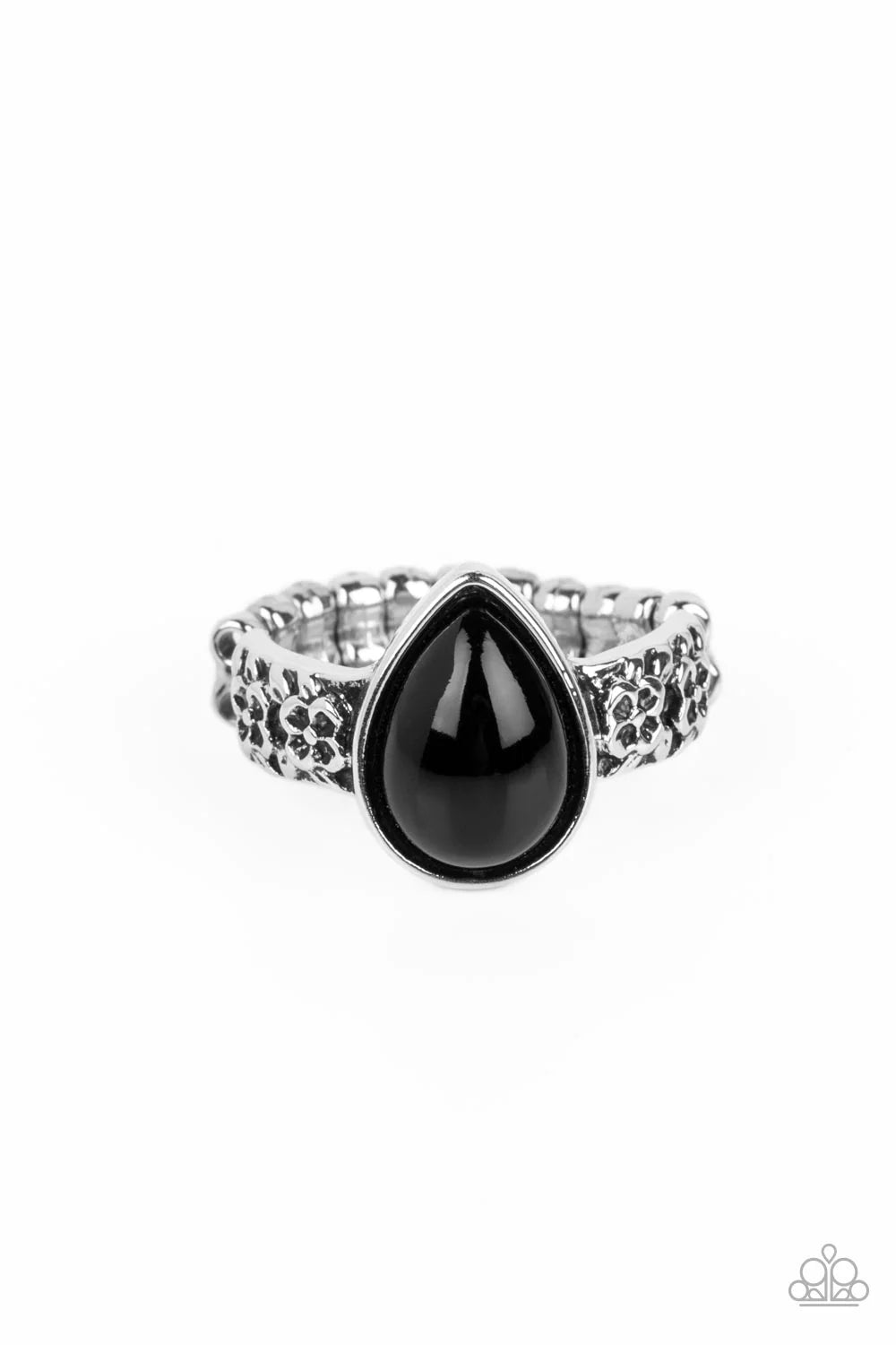 Paparazzi Accessories Rainbow Raindrops - Black A polished teardrop-shaped bead in a black shade is wrapped in a silver frame and set atop a silver band. Floral details embellish the band on each side of the centerpiece, adding a touch of charm as it wrap