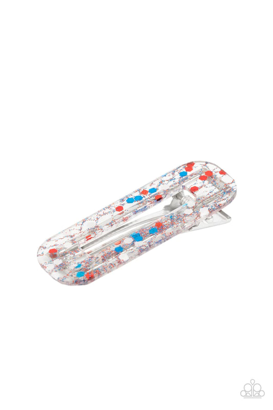 Paparazzi Accessories Cue the Sparklers - Multi A shimmery collection of red, white, and blue confetti and dainty sparkles are encased in a clear acrylic frame atop a silver frame. Features a standard hair clip on the back. Sold as one individual hair cli