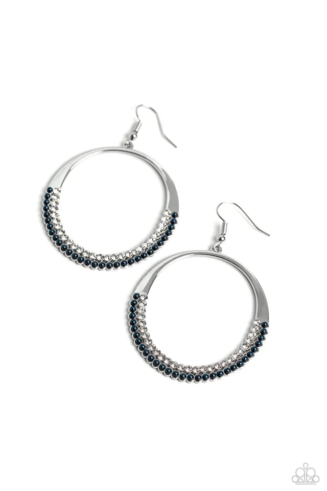 Paparazzi Accessories Material Pearl - Blue Encrusted on the lower curve of an oversized, dainty silver hoop, two dainty rows of white gems and classy Montana pearls add a subtle shimmer and refinement to the high-sheen statement piece. Earring attaches t