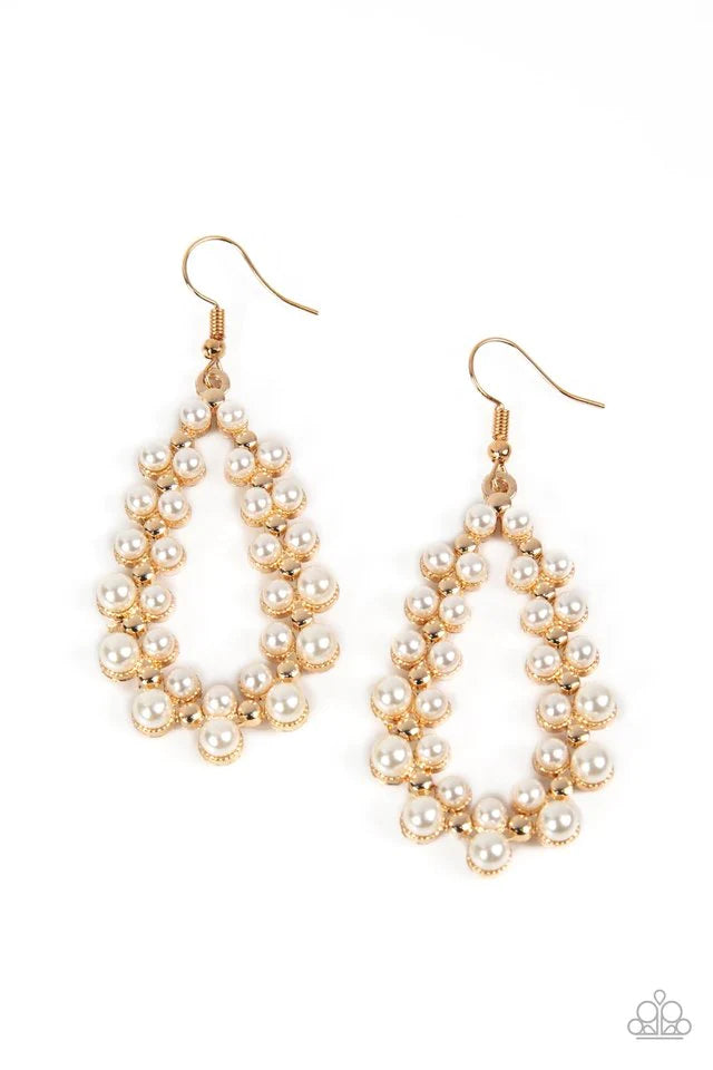 Paparazzi Accessories Absolutely Ageless - Gold Encased in glistening gold fittings, bubbly clusters of pearls adorn the front of a studded gold teardrop for a timeless look. Earring attaches to a standard fishhook fitting. Sold as one pair of earrings. J