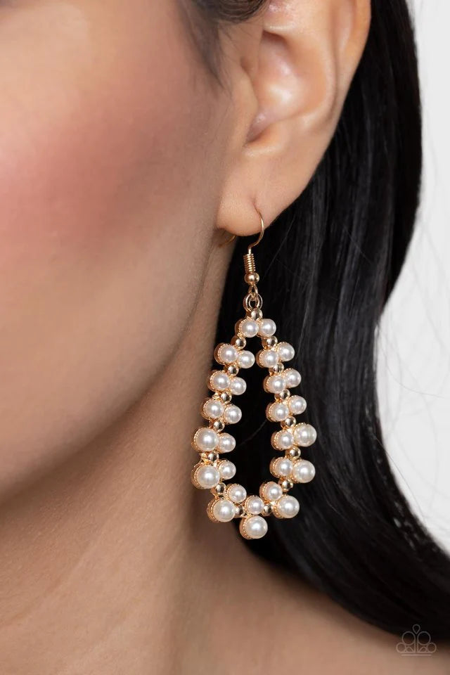 Paparazzi Accessories Absolutely Ageless - Gold Encased in glistening gold fittings, bubbly clusters of pearls adorn the front of a studded gold teardrop for a timeless look. Earring attaches to a standard fishhook fitting. Sold as one pair of earrings. J