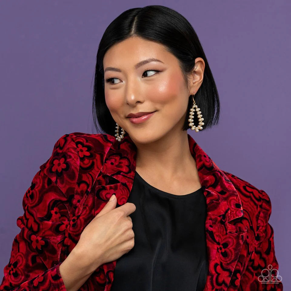 Paparazzi Accessories Absolutely Ageless - Gold Encased in glistening gold fittings, bubbly clusters of pearls adorn the front of a studded gold teardrop for a timeless look. Earring attaches to a standard fishhook fitting. Sold as one pair of earrings. J