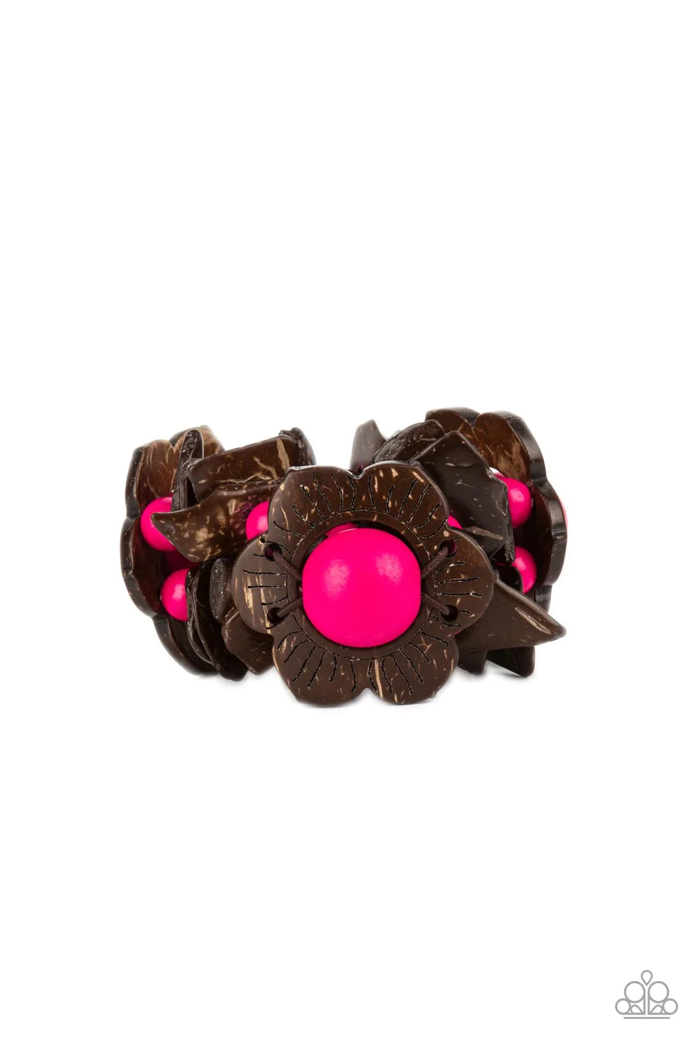 Paparazzi Accessories Mediterranean Mangrove - Pink Wooden flower petals with oversized vibrant pink bead centers creates a stunning statement. Double layers of irregular shaped wood chips and bright pink beads are threaded along stretchy bands adding dra