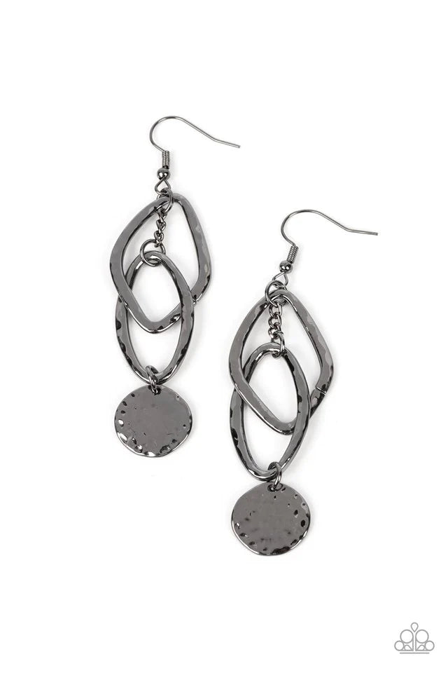 Paparazzi Accessories Nothing but CHIME - Black A hammered gunmetal disc swings from the bottom of a hammered oval frame that is linked to a hammered asymmetrical frame, resulting in a tinkling lure. Earring attaches to a standard fishhook fitting. Jewelr