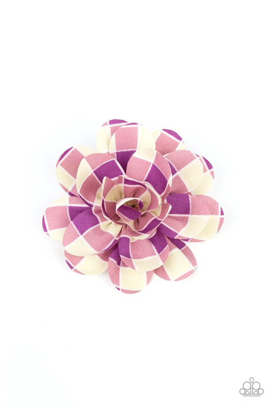 Paparazzi Accessories Gingham Garden - Purple Reminiscent of gingham, purple and yellow checkered petals bloom into a billowy blossom for a colorful finish. Features a standard hair clip on the back. Hair Accessories