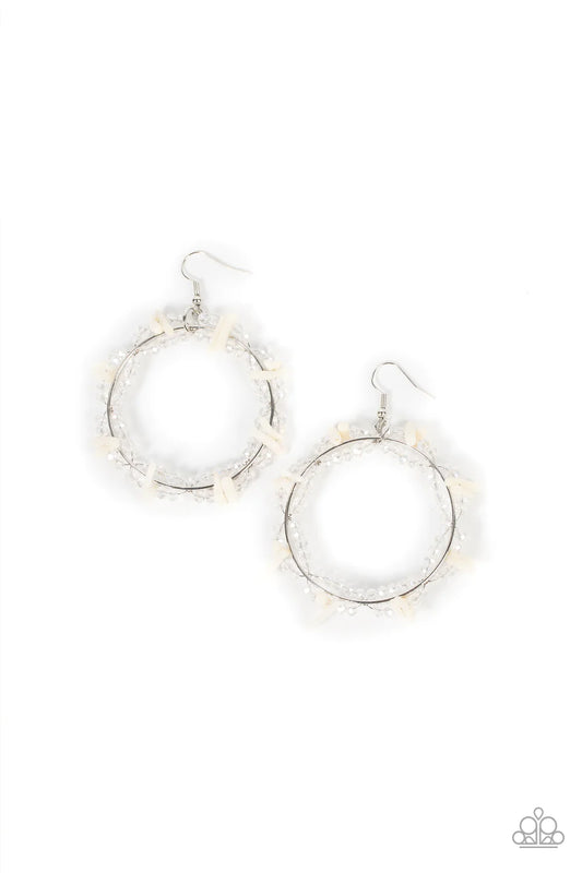 Paparazzi Accessories Ocean Surf - White Dainty crystal-like beads and white shell-like pieces are threaded along dainty wires, creating glitzy loops around an oversized silver ring for a beach inspired fashion. Earring attaches to a standard fishhook fit