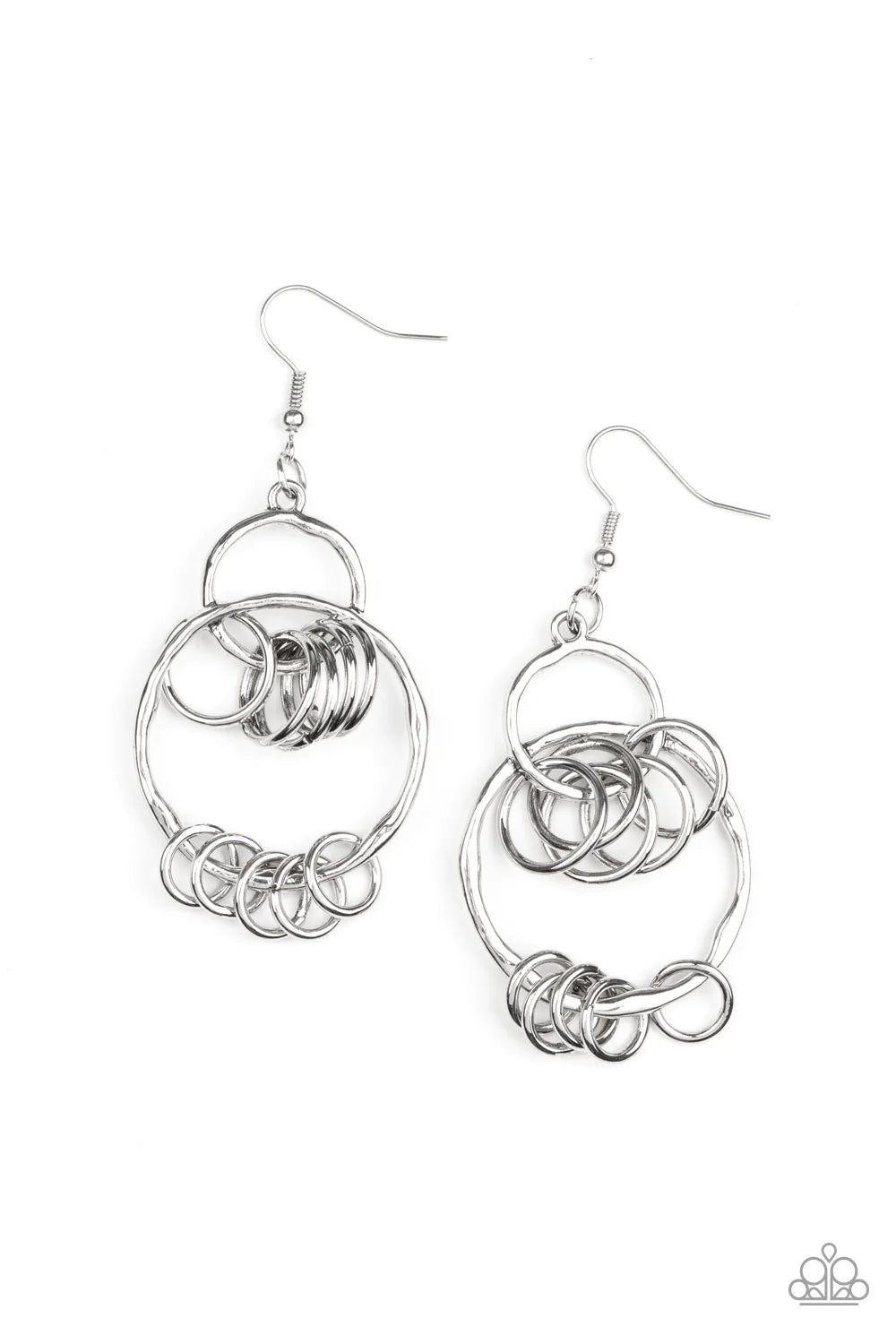 Paparazzi Accessories Rebel Ringer - Silver An antiqued collection of dainty silver rings swings from the bottoms of hammered silver hoops that interconnect into an edgy lure. Earring attaches to a standard fishhook fitting. Sold as one pair of earrings.