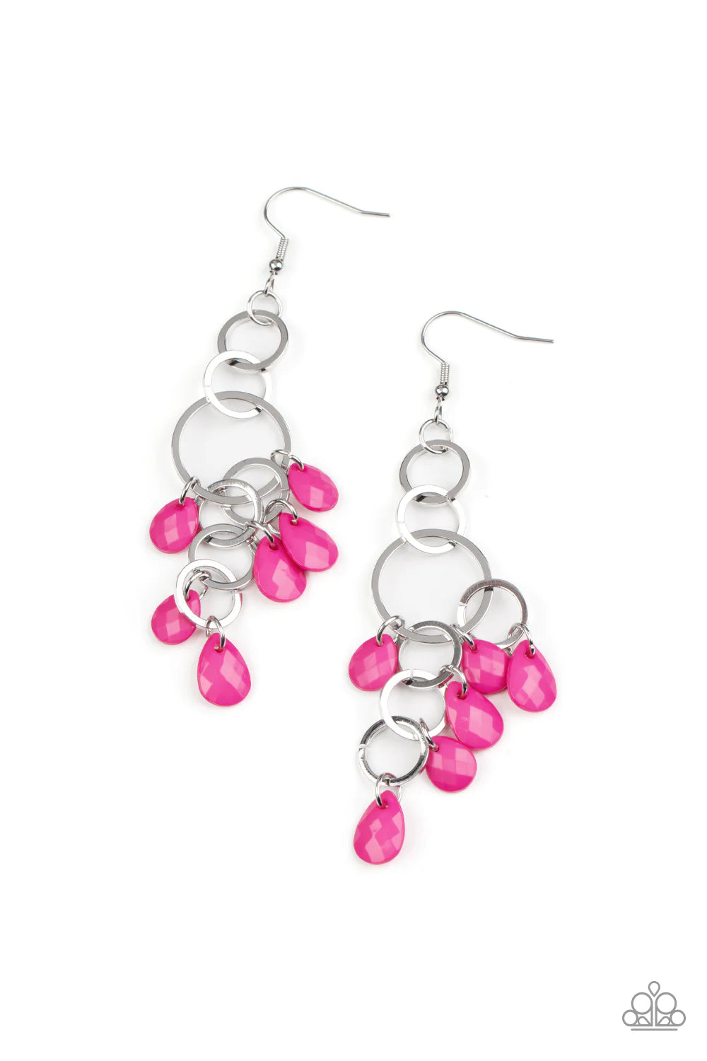 Paparazzi Accessories Sandcastle Sunset - Pink Faceted Fuchsia Fedora teardrops drip from a mismatched collection of silver rings that link into a playful chandelier, creating a flirtatious pop of color. Earring attaches to a standard fishhook fitting. So