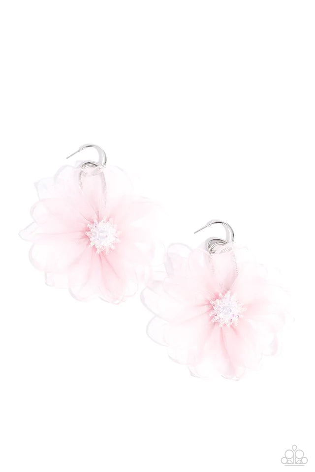Paparazzi Accessories Cosmopolitan Chiffon - Pink A duo of asymmetrical silver hoops link as they tumble from the ear, coalescing into an abstract lure. Attached to the bottom of the elongated display, oversized light pink chiffon petals bloom around irid