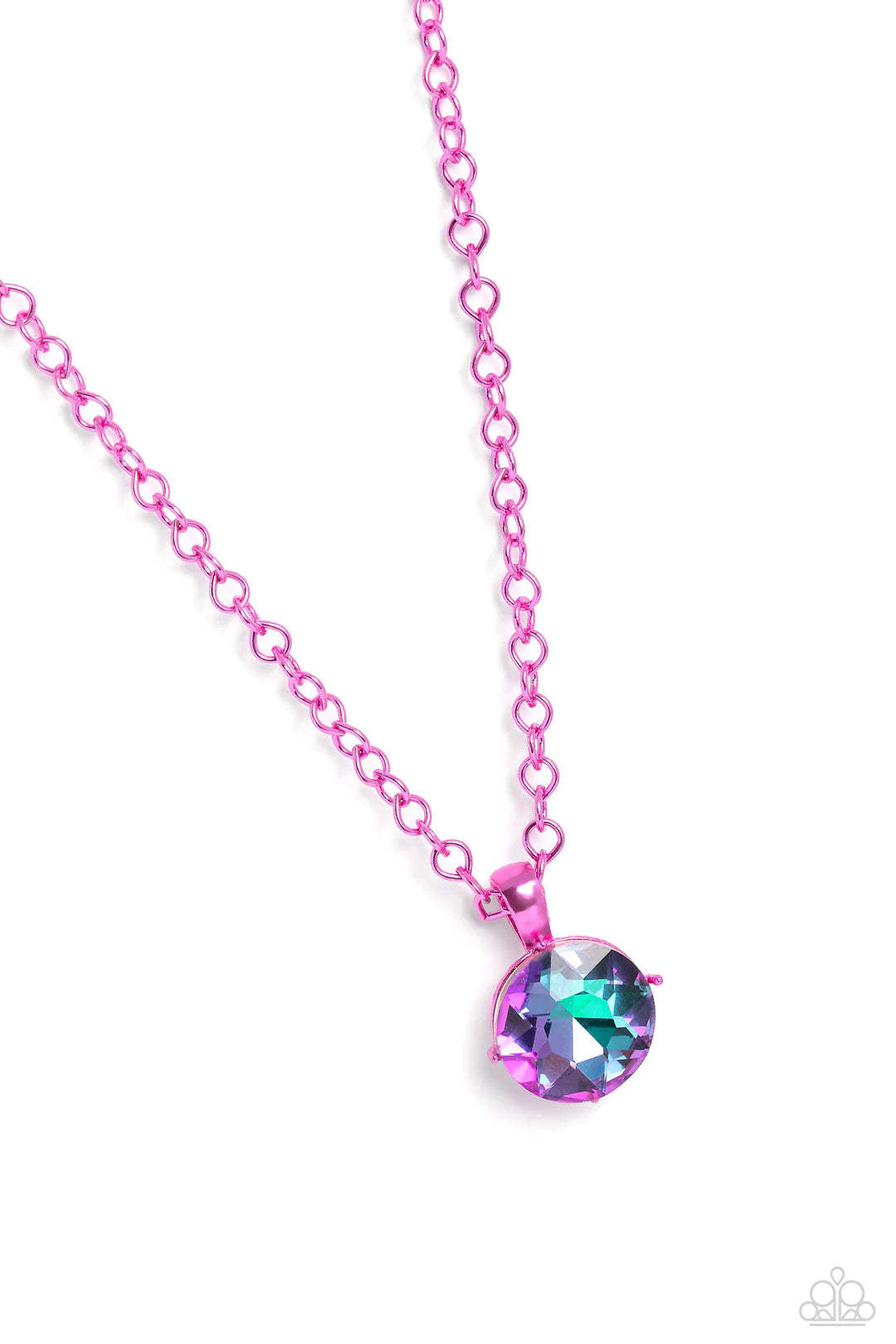 Paparazzi Accessories Las Vegas Dip - Pink Featuring a classic elongated chain in a vibrant pink hue, an oversized UV pendant in pink pronged fittings shimmers down the chest for a charismatic finish. Features an adjustable clasp closure. Jewelry