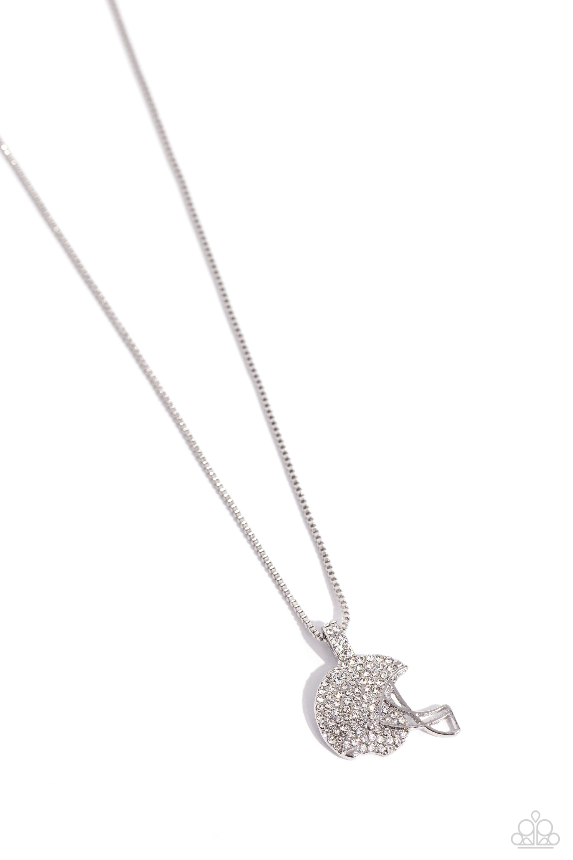 Paparazzi Accessories Touchdown Twinkle - White Encrusted in dazzling white rhinestones, a football helmet, complete with a sleek silver face mask, glides along an elongated silver chain for a twinkling touchdown. Features an adjustable clasp closure. Sol