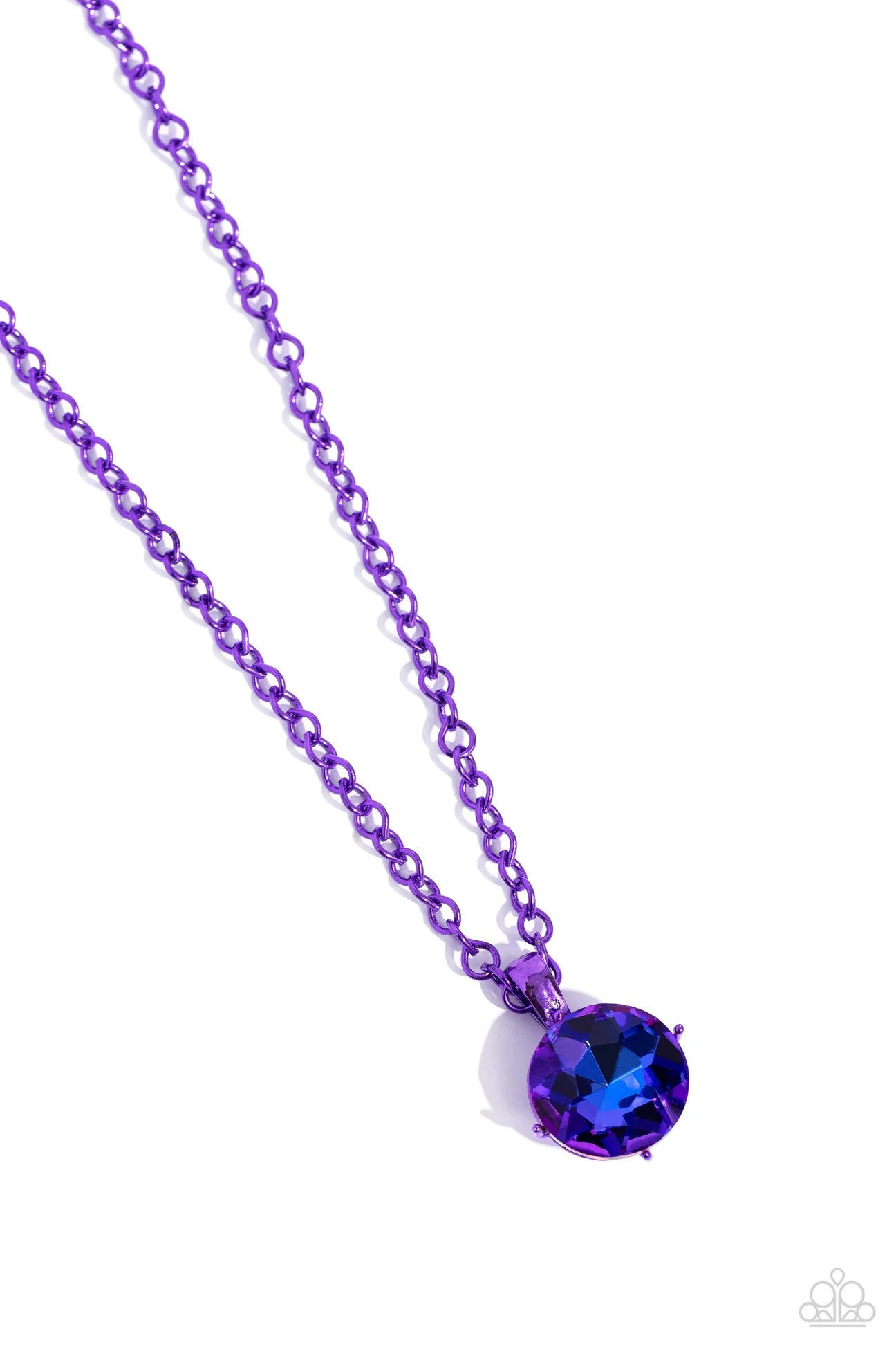 Paparazzi Accessories Las Vegas Dip - Purple Featuring a classic elongated chain in a vibrant purple hue, an oversized purple UV pendant in purple pronged fittings shimmers down the chest for a charismatic finish. Features an adjustable clasp closure. Sol