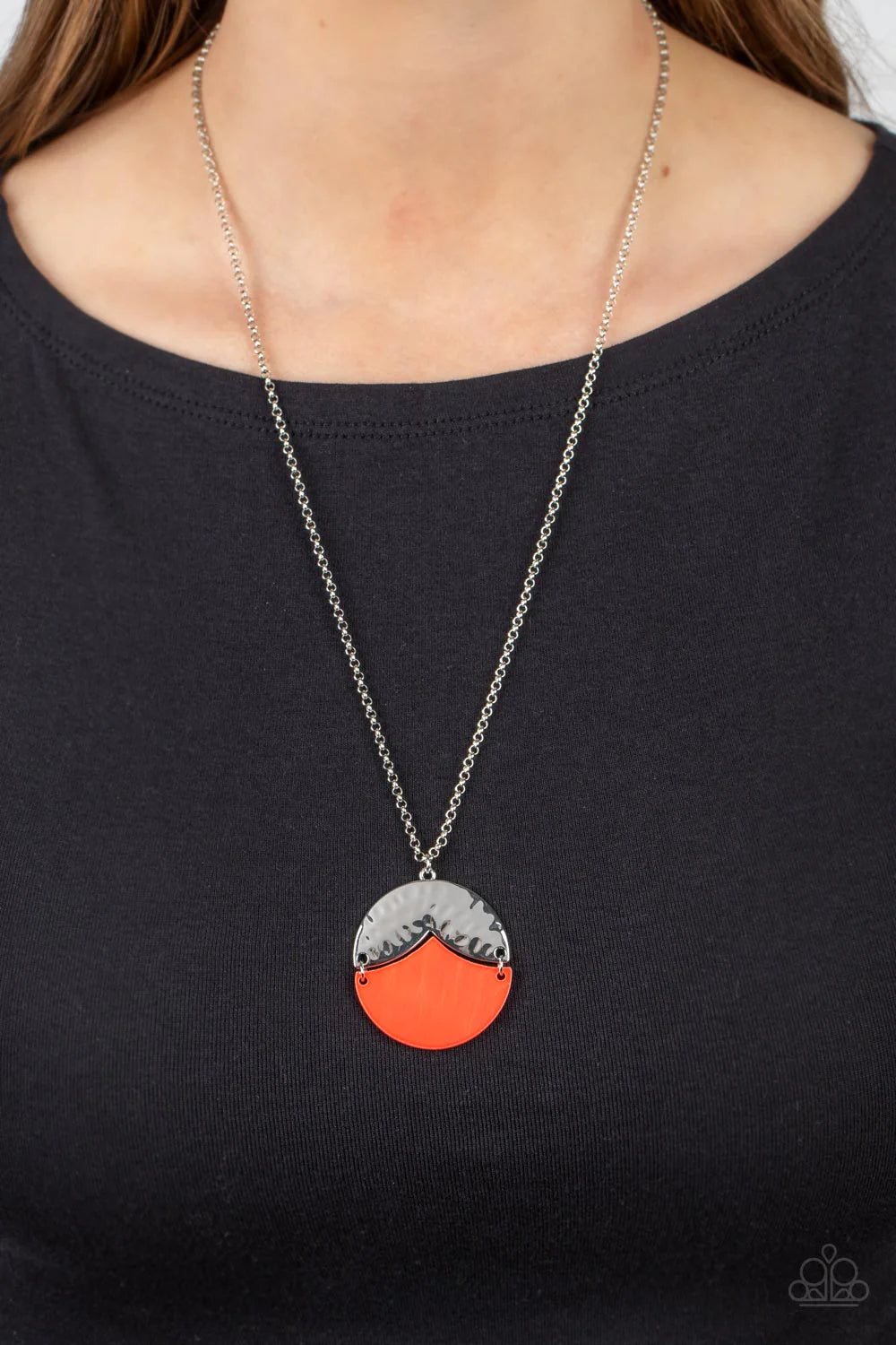 Paparazzi Accessories Seaside Sabbatical - Orange Featuring a scalloped cut, a hammered silver frame sits atop a matching cut coral shell-like frame, creating a summery pendant at the bottom of an extended silver chain. Features an adjustable clasp closur