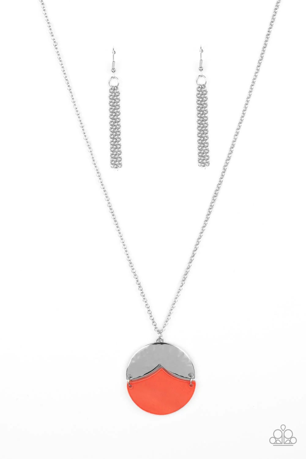 Paparazzi Accessories Seaside Sabbatical - Orange Featuring a scalloped cut, a hammered silver frame sits atop a matching cut coral shell-like frame, creating a summery pendant at the bottom of an extended silver chain. Features an adjustable clasp closur