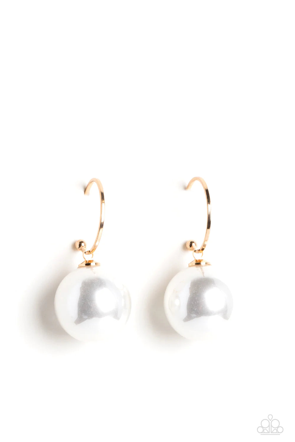 Paparazzi Accessories PEARL of My Eye - Gold A small, skinny, gold hoop curves around the ear, where a gold ball is affixed to create the look of a barbell. A classic, oversized pearl slides along the hoop, showcasing an over exaggerated elegance. Earring