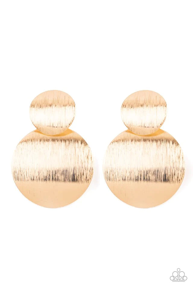 Paparazzi Accessories Here Today, GONG Tomorrow - Gold The perfect pair, these delicately scratched gold discs are forged into a stacked lure for an eye-catching metallic look. They attach to a standard post and earring fitting, so you can wear them with