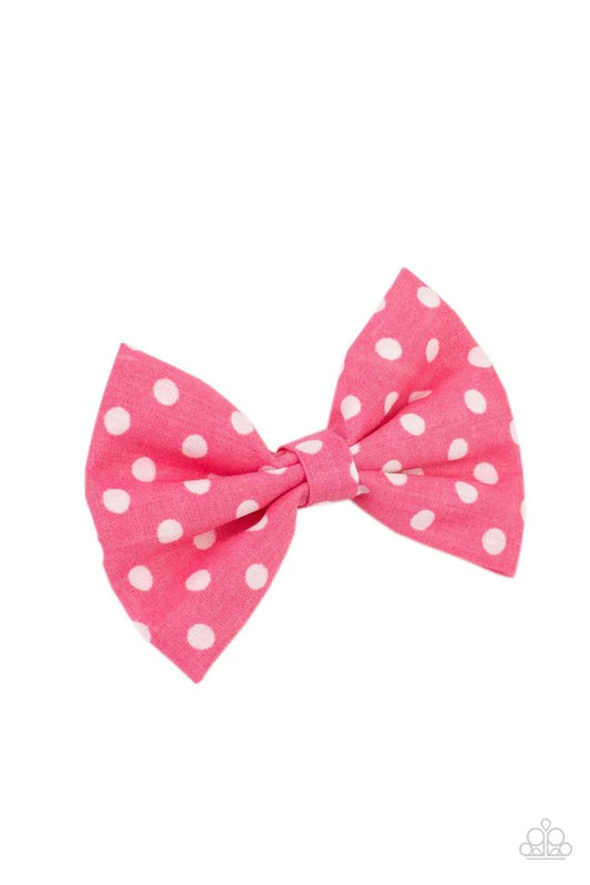 Paparazzi Accessories Polka Dot Delight - Pink Delightful pink polka-dotted cotton fabric delicately knots into a dainty bow. Features a standard hair clip on the back. Hair Accessories