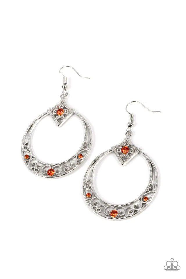 Paparazzi Accessories Royal Resort - Orange Studded silver filigree swirls inside the bottom of a shiny silver hoop that is crowned in a diamond-shaped frame. Glittery orange rhinestones are sprinkled along the vine-like motifs, adding a glitzy finish to