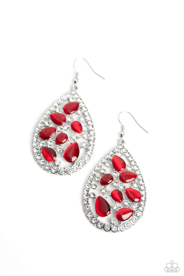 Paparazzi Accessories Cat’s Eye Class - Red Sporadically clustered against an airy, teardrop backdrop, red cat's eye stones shimmer and shine. An explosion of crystal white gems around the cat's eye stones and silver teardrop frame create additional light