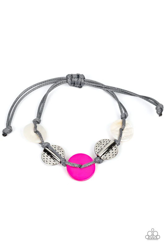 Paparazzi Accessories Shore Up - Pink Vibrant pink and white shells interlace with silver dotted, hammered discs to create a refined pop of color. Held together by soft gray cording, this piece will blend in with beaches near you! Features an adjustable s