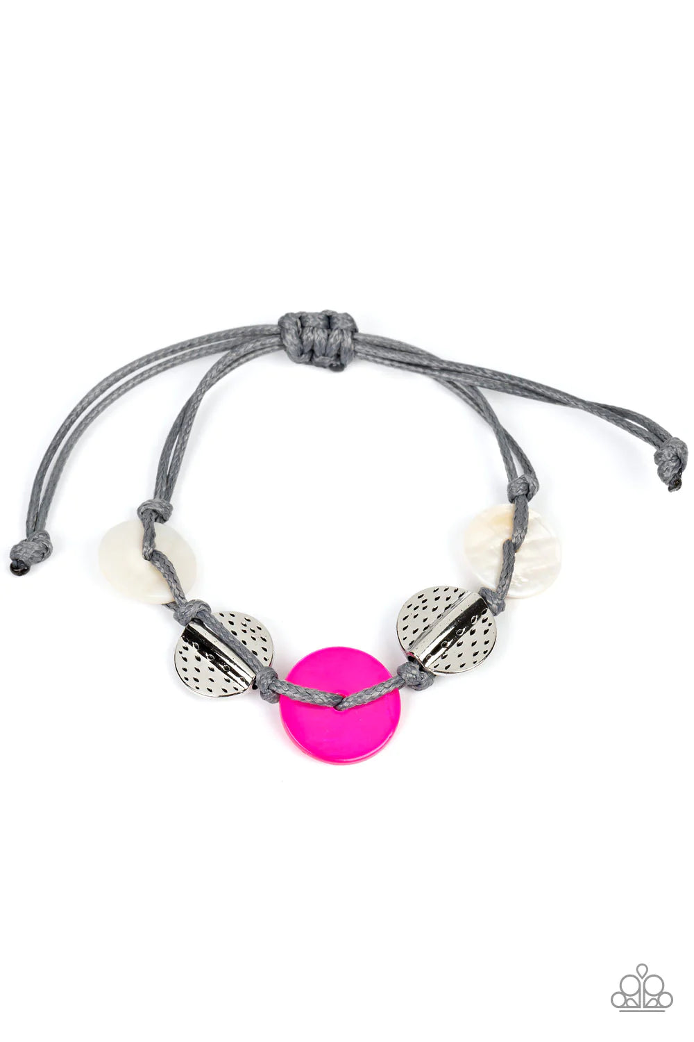 Paparazzi Accessories Shore Up - Pink Vibrant pink and white shells interlace with silver dotted, hammered discs to create a refined pop of color. Held together by soft gray cording, this piece will blend in with beaches near you! Features an adjustable s