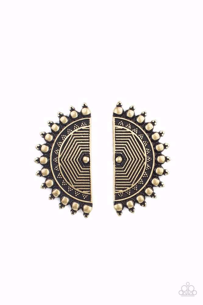 Paparazzi Accessories Fiercely Fanned Out - Brass Tipped with triangular accents, flat brass studs fan out from the edge of a half moon frame embossed in antiqued linear texture, creating a bold tribal inspired display. Earring attaches to a standard post