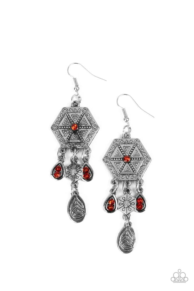Paparazzi Accessories Dreamcatcher Delight - Orange ​Studded and stamped in tribal inspired patterns, a stacked hexagon frame gives way to a mismatched assortment of orange rhinestones and ornate silver frames for a dreamcatcher inspired result. Earring a