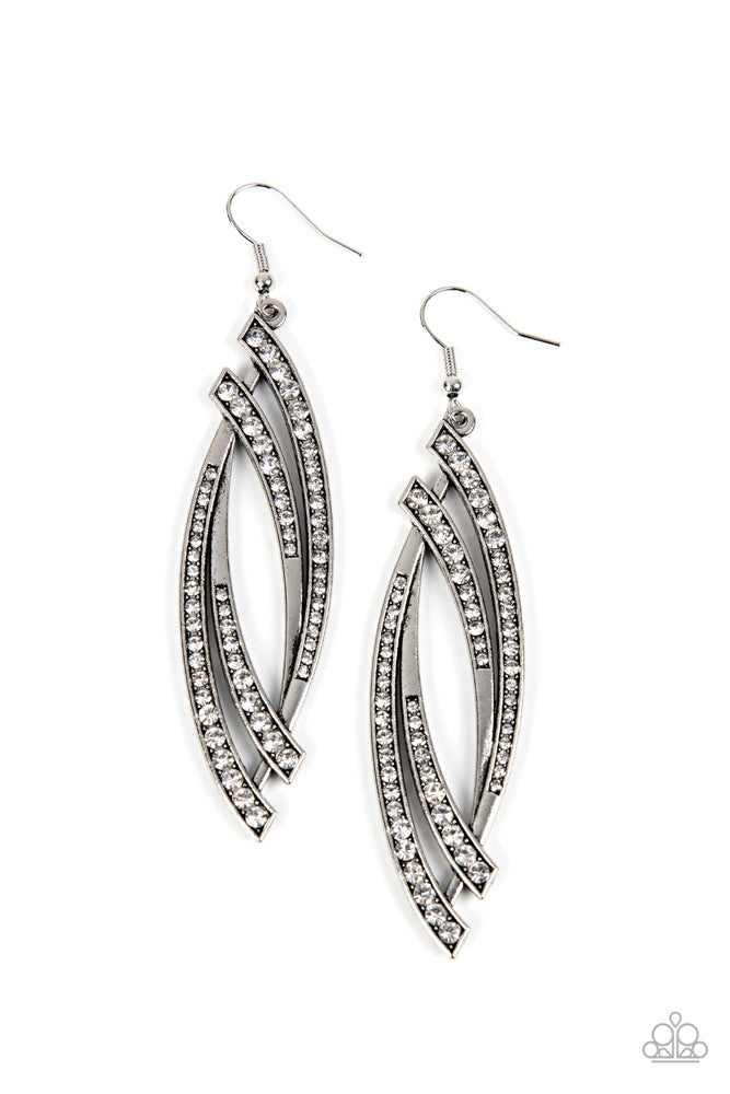 Paparazzi Accessories Twinkle for Two - White Curving silver bars are encrusted in sections of dazzling white rhinestones, resulting in a radiant lure. Earring attaches to a standard fishhook fitting. Sold as one pair of earrings. Jewelry