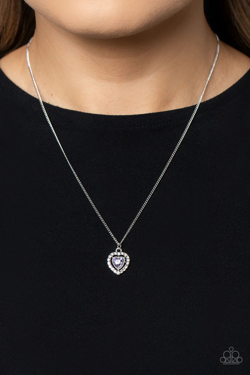 Paparazzi Accessories Day of Love - Purple Dainty, glittery white rhinestones encircle a pronged, purple heart shaped gem, creating a flirty and dainty pendant below the collar. Features an adjustable clasp closure. Sold as one individual necklace. Includ