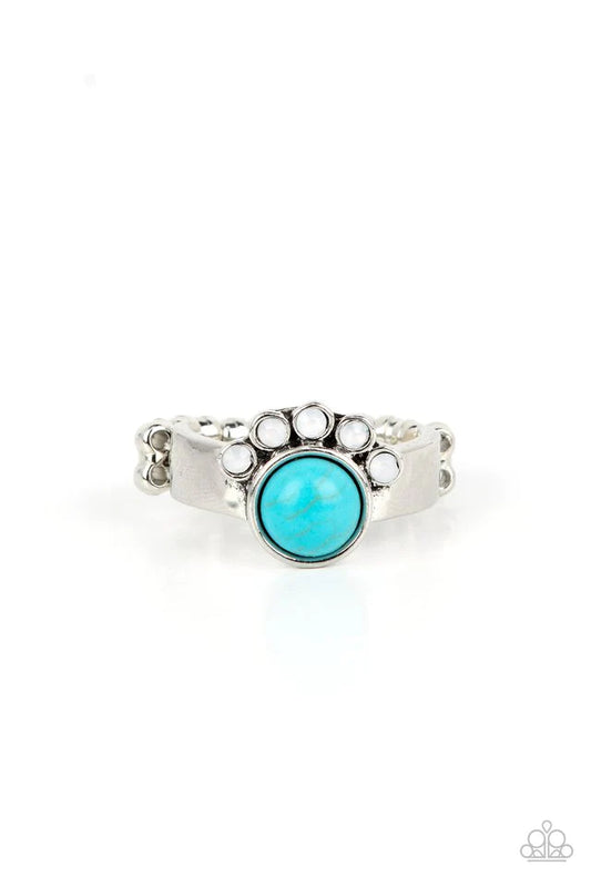 Paparazzi Accessories Havasu Haven - Blue Daintily crowned in a curved row of opaque white rhinestones, a round turquoise stone is pressed into the center of a dainty silver band, resulting in an enchantingly earthy centerpiece atop the finger. Features a