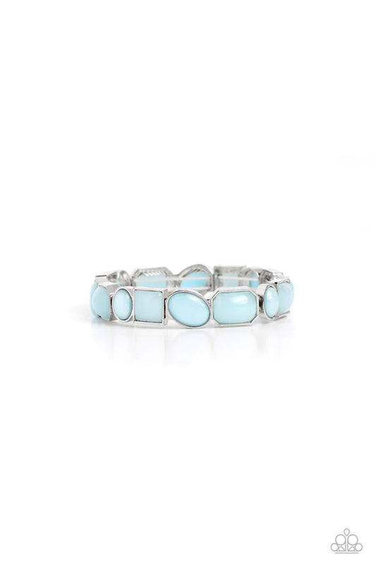 Paparazzi Accessories Giving Geometrics - Blue Encased in sleek silver geometric fittings, a glossy collection of Skylight beads alternate with glittery Skylight beads along stretchy bands around the wrist for a dainty pop of color. Jewelry