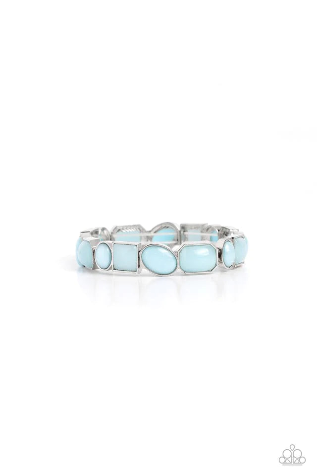 Paparazzi Accessories Giving Geometrics - Blue Encased in sleek silver geometric fittings, a glossy collection of Skylight beads alternate with glittery Skylight beads along stretchy bands around the wrist for a dainty pop of color. Jewelry