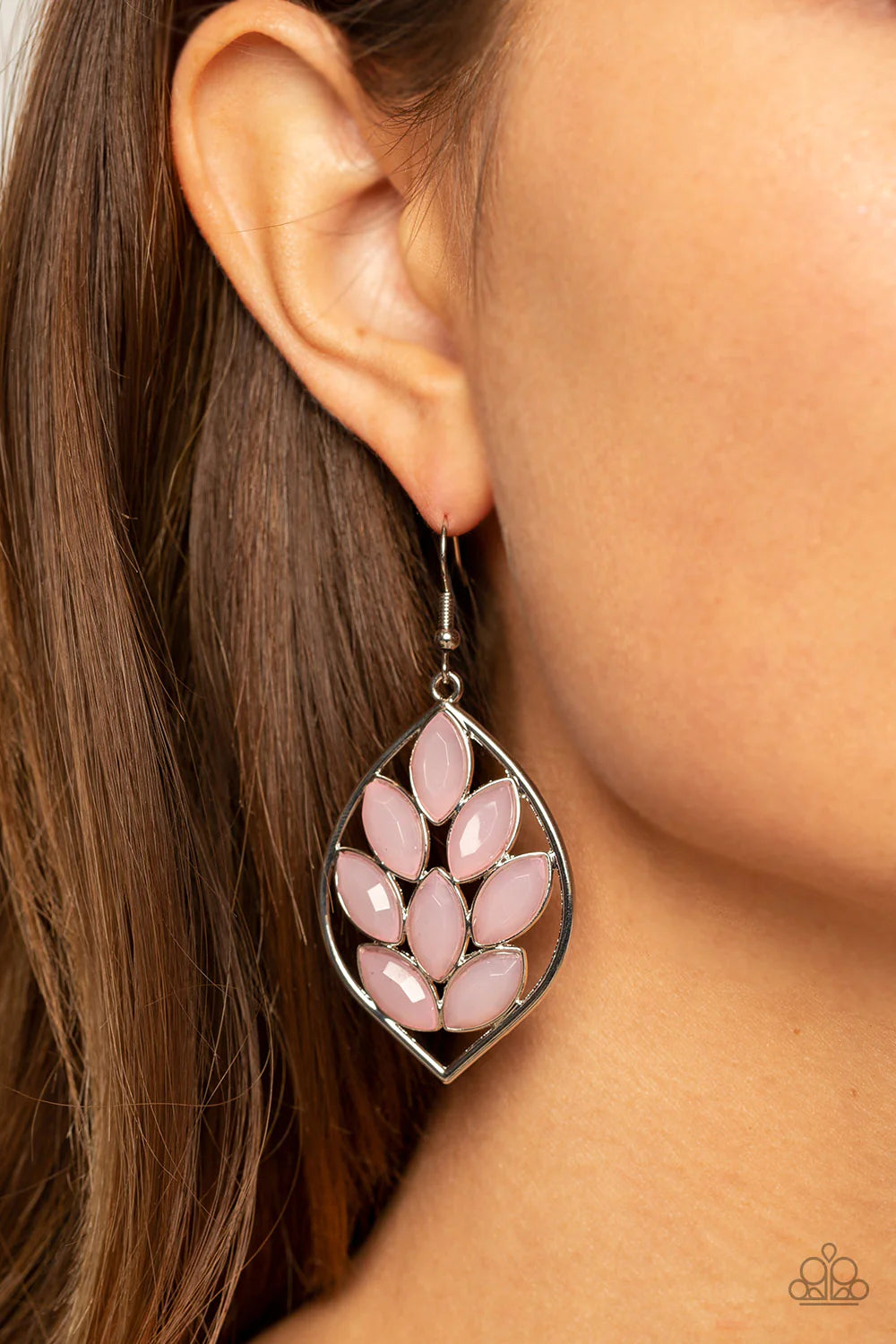 Paparazzi Accessories Glacial Glades - Pink A frosty collection of Gossamer Pink marquise beads delicately climbs the center of an airy silver frame, blooming into a dewy display. Earring attaches to a standard fishhook fitting. Sold as one pair of earrin