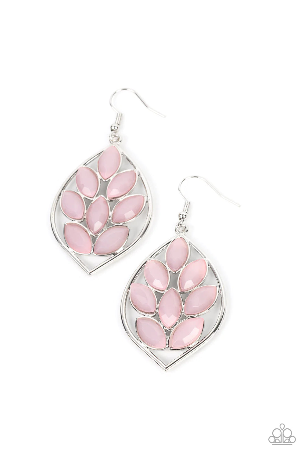 Paparazzi Accessories Glacial Glades - Pink A frosty collection of Gossamer Pink marquise beads delicately climbs the center of an airy silver frame, blooming into a dewy display. Earring attaches to a standard fishhook fitting. Sold as one pair of earrin