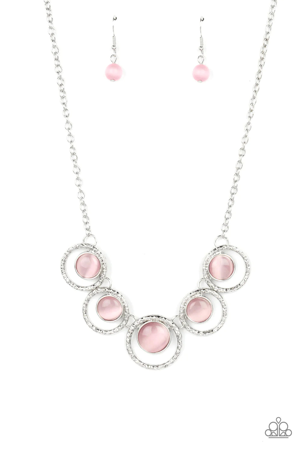 Paparazzi Accessories Elliptical Enchantment - Pink Glassy pink cat's eye stones seemingly float inside hammered silver hoops that delicately link below the collar, resulting in an ethereal pop of color. Features an adjustable clasp closure. Sold as one i