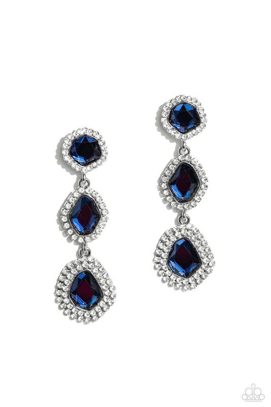 Paparazzi Accessories Prove Your ROYALTY - Blue Bordered in dainty white rhinestones, a trio of imperfect Mykonos Blue gems delicately link into a dazzling lure. Earring attaches to a standard post fitting. Jewelry