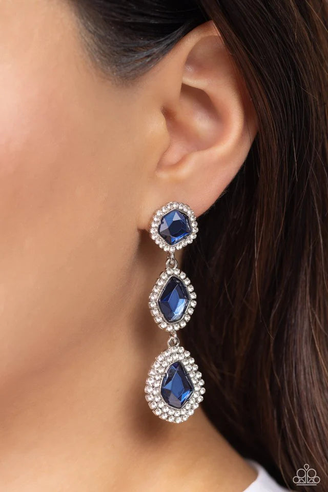 Paparazzi Accessories Prove Your ROYALTY - Blue Bordered in dainty white rhinestones, a trio of imperfect Mykonos Blue gems delicately link into a dazzling lure. Earring attaches to a standard post fitting. Jewelry