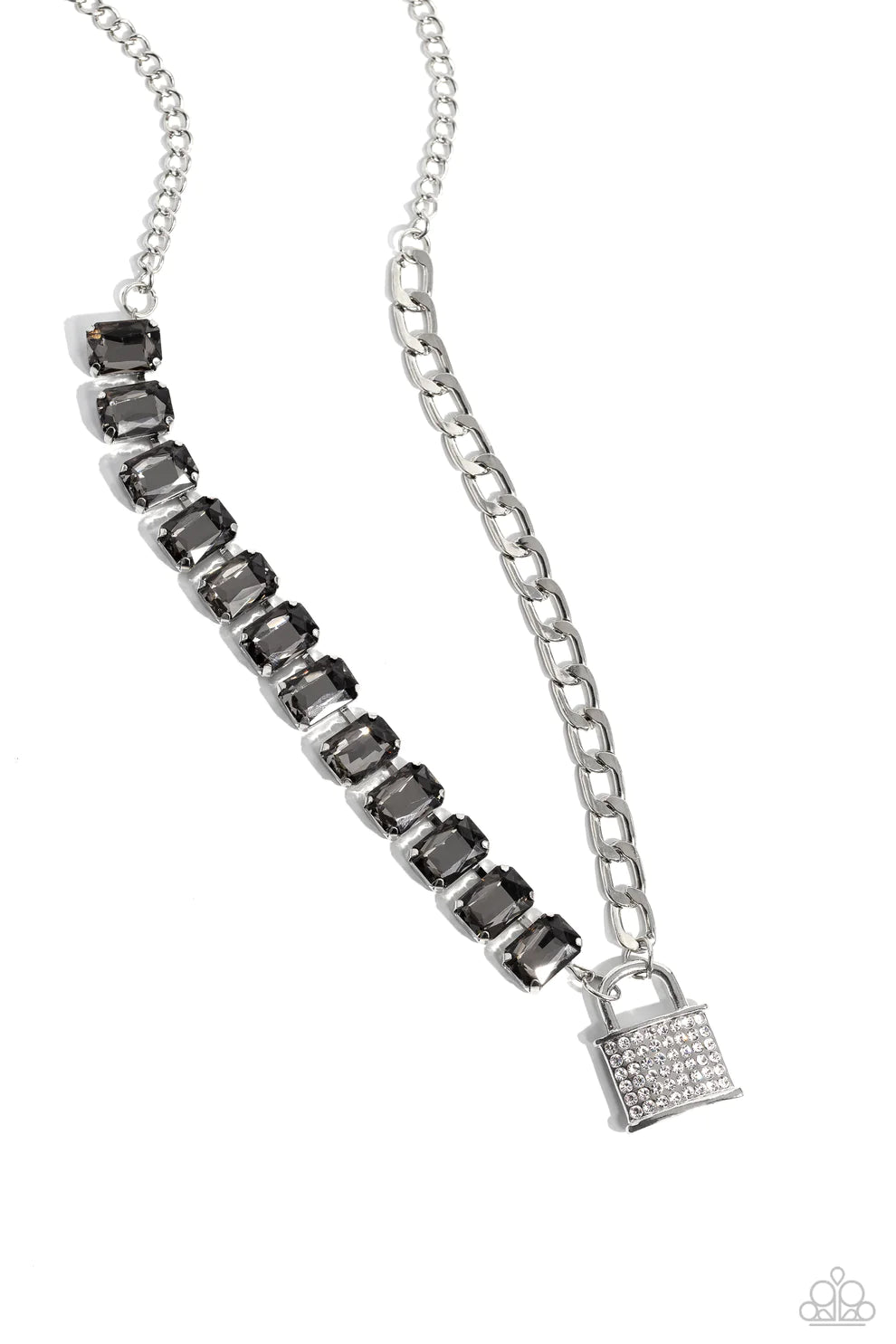 Paparazzi Accessories Lock and Roll - Silver Infused on a classic silver chain, a strand of thick silver curb chain, and a collection of exaggerated, smoky radiant-cut gems in silver pronged fittings combine to create a collision of industrial color aroun
