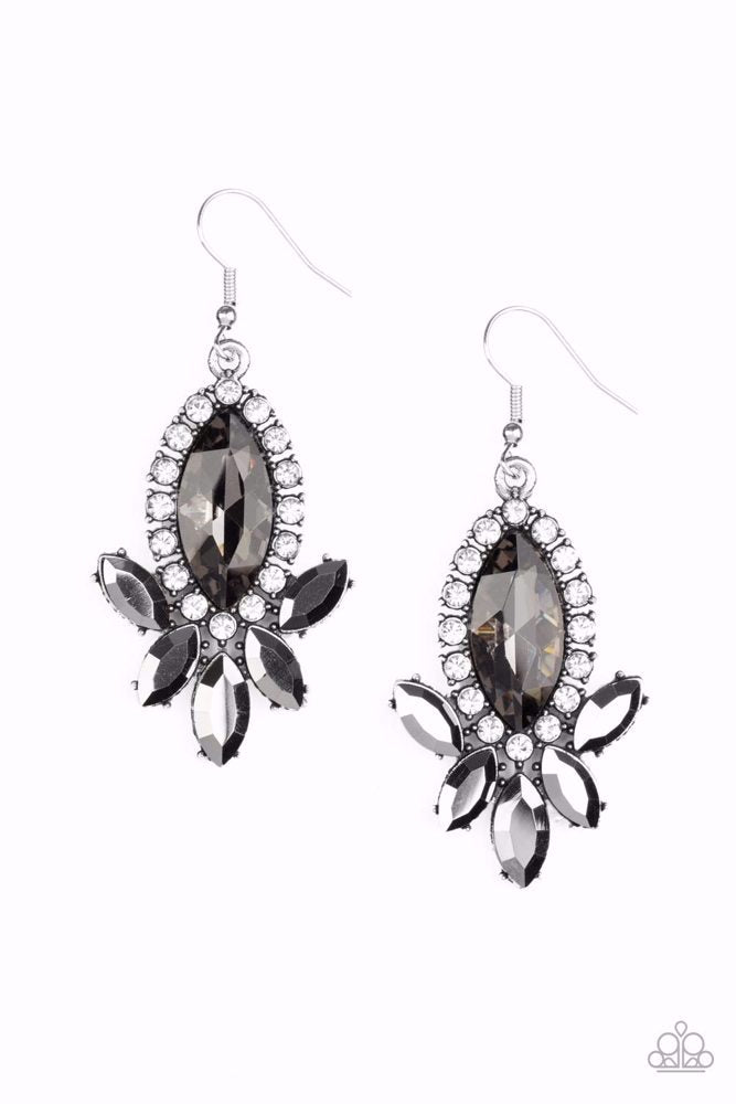 Paparazzi Accessories Serving Up Sparkle - Silver A fan of marquise cut hematite rhinestones flares out from the bottom of an oversized smoky marquise cut rhinestone that is bordered in dainty white rhinestones, resulting in a dramatically dazzling displa