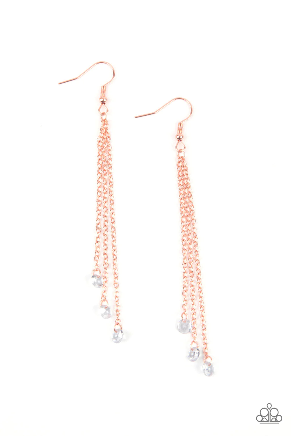 Paparazzi Accessories Divine Droplets - Copper A trio of dainty white rhinestones sparkle like dewdrops as they dangle from the ends of dainty copper chains for a refreshingly divine lure. Earring attaches to a standard fishhook fitting. Sold as one pair