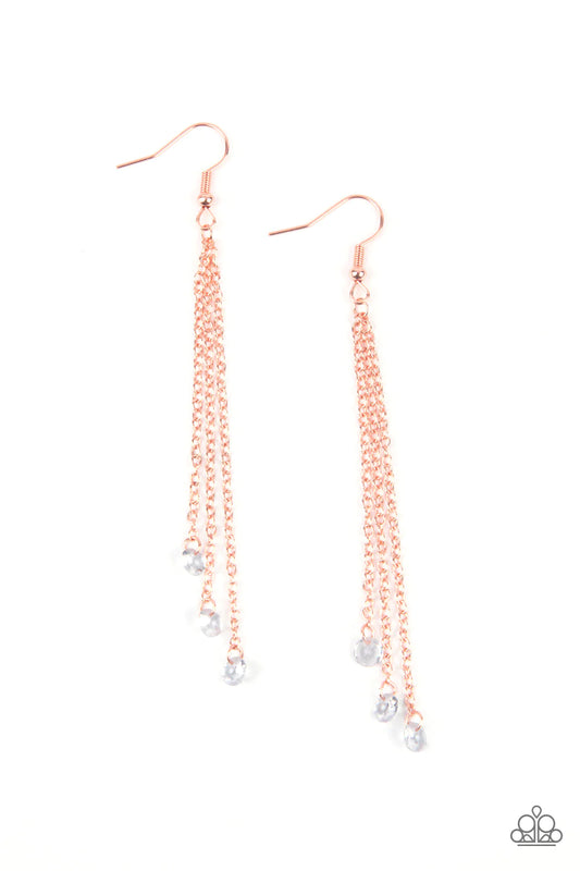 Paparazzi Accessories Divine Droplets - Copper A trio of dainty white rhinestones sparkle like dewdrops as they dangle from the ends of dainty copper chains for a refreshingly divine lure. Earring attaches to a standard fishhook fitting. Sold as one pair